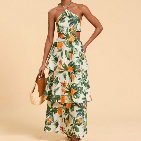 Boho Women's Tropical Plant Print Halter Waist Cutout Maxi Dress - Picture 4 of 6